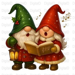 May include: Two Christmas gnomes singing carols from a book. One gnome wears a green hat with holly, and holds a lantern. The other gnome wears a red hat and coat. Musical notes float above them. The image has a white background.