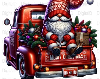 May include: A red vintage truck bed is filled with Christmas decorations and a gnome wearing a red hat. The truck bed has the words "MERRY CHRISTMAS" and a license plate that says "HO HO HO".