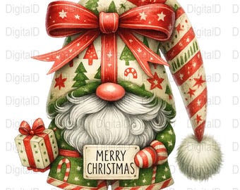 May include: A watercolor illustration of a Christmas gnome holding a gift and a sign that reads "MERRY CHRISTMAS." The gnome wears a red bow, hat, and boots, with a white beard and green and red clothing. The hat is decorated with stars and trees.
