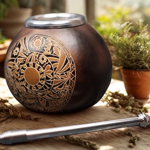Può includere: Una zucca marrone con bordo argentato e un intricato disegno intagliato, accompagnata da una bombilla in metallo. La zucca presenta un motivo circolare con elementi floreali e geometrici. La bombilla è posizionata su una superficie di legno.