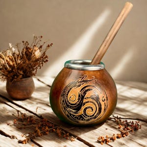 Può includere: Una tazza di mate a forma di zucca marrone con bordo argentato e cannuccia di legno. La tazza presenta un disegno di drago nero e oro. Fiori secchi in un piccolo vaso a sinistra su una superficie di legno.