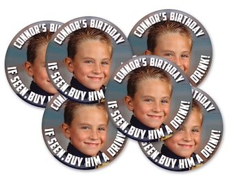 Custom Photo Birthday Buttons, Personalized Party Favors