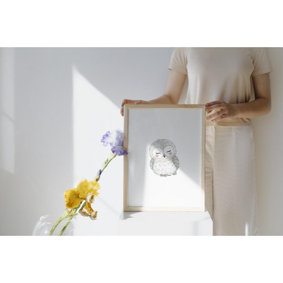 Minimalist Owl Nursery Print: Watercolor Woodland Animal Art (Digital Download