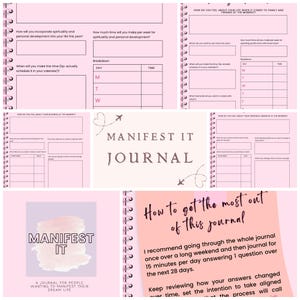 Pode incluir: Um diário rosa com espiral intitulado "Manifest It Journal". Contém perguntas para autorreflexão e definição de objetivos. A capa inclui o texto "Um diário para pessoas que desejam manifestar a vida dos seus sonhos."