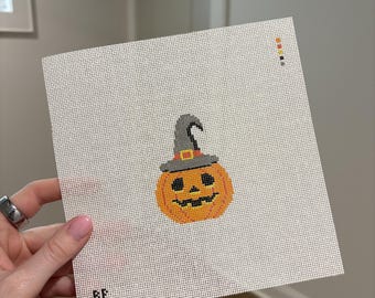 Hand Painted Halloween Pumpkin Needlepoint Canvas, 18 Mesh Needlepoint Canvas