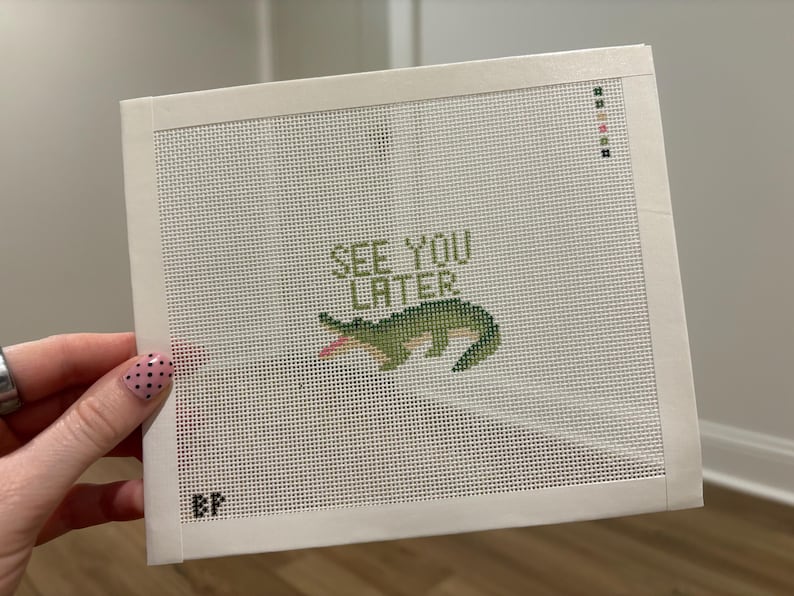 Hand Painted See You Later Alligator Needlepoint Canvas, 18 Mesh Needlepoint Canvas, Travel Tag, Luggage Tag image 2