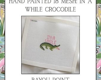 Hand Painted In A While Crocodile Needlepoint Canvas, 18 Mesh Needlepoint Canvas, In A While Crocodile Canvas, Embroidery, Luggage Tag