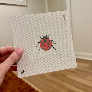 May include: A square piece of white needlepoint canvas featuring a cross-stitched ladybug in the center with red and black thread. The ladybug has black spots and legs. The letters "EF" are stitched in black in the bottom left corner.