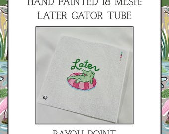 Later Gator Tube Hand Painted Needlepoint Canvas, 18 Mesh Needlepoint Canvas, Alligator Ornament or Picture Frame