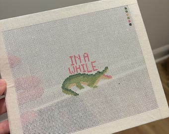 Hand Painted In A While Crocodile Needlepoint Canvas, 18 Mesh Needlepoint Canvas, In A While Crocodile Canvas, Embroidery, Luggage Tag