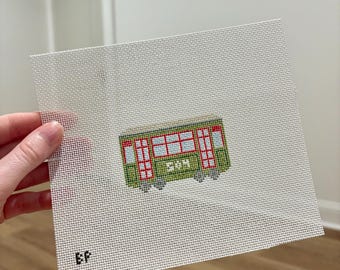 Mini Streetcar Hand Painted Needlepoint Canvas, 18 Mesh Needlepoint Canvas, Louisiana Streetcar Ornament