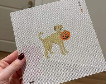 Hand Painted Halloween Dog Needlepoint Canvas, 18 Mesh Needlepoint Canvas