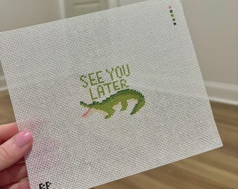 Hand Painted See You Later Alligator Needlepoint Canvas, 18 Mesh Needlepoint Canvas, Travel Tag, Luggage Tag
