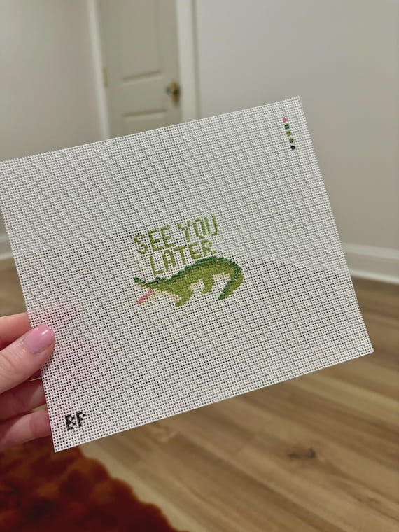Hand Painted See You Later Alligator Needlepoint Canvas, 18 Mesh Needlepoint Canvas, Travel Tag, Luggage Tag