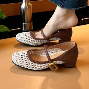 Vintage Woven Leather Sandals: Square Toe Heels, Hollow Cut-Out Design