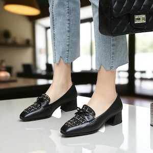 Women&#39;s Square Toe Block Heel Loafers | Chunky Bow Pumps | Medium Heels Stylish Luxury Brand-Inspired Dress Shoes