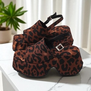 Leopard Print Platform Wedge Sandals: Square Toe Slingback Summer Heels