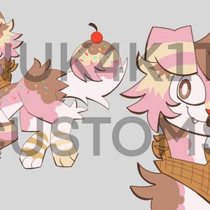 May include: A digital illustration of a cartoon character designed to resemble an ice cream sundae. The character has a pink, brown, and tan color scheme, with a waffle cone horn and a cherry on top. The character is wearing a waffle cone bandana.