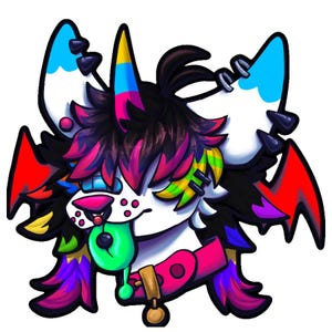 May include: A colorful cartoon illustration of a furry creature with white fur, black hair, and vibrant accents. The creature has a pink nose, a green tongue, and a pink collar with a gold bell. The ears and wings are adorned with blue, red, and purple.