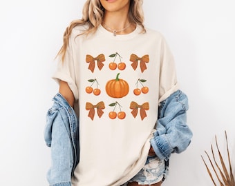 T-shirt d'automne citrouilles et nœuds, t-shirt graphique d'Halloween Coquette