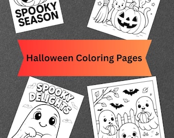 Könnte beinhalten: Vier schwarz-weiße Halloween-Malvorlagen mit verschiedenen gruseligen Designs. Eine zeigt einen Kürbis mit Sonnenbrille, eine Hexe mit einer Katze und zwei mit Geistern und Kürbissen. Der Text "Halloween-Malvorlagen" befindet sich in der Mitte.