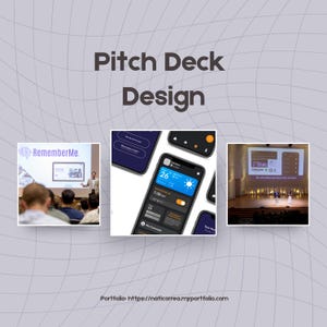 May include: The image showcases a presentation on "Pitch Deck Design." It features a smartphone displaying an app interface with weather information. Additional elements include a presentation screen with the text "RememberMe" and a conference setting with speakers.