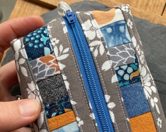Floral Patchwork Zippered Bag, Shave Kit, Pencil Pouch, Gray and white floral with Indigo Blue