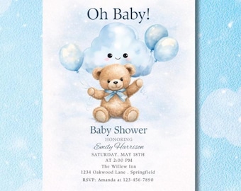 Oh Baby Blue Bear Shower Invitation Editable Template Cloud Balloons Cute Party Invite 5x7 Mobile Story Digital Download