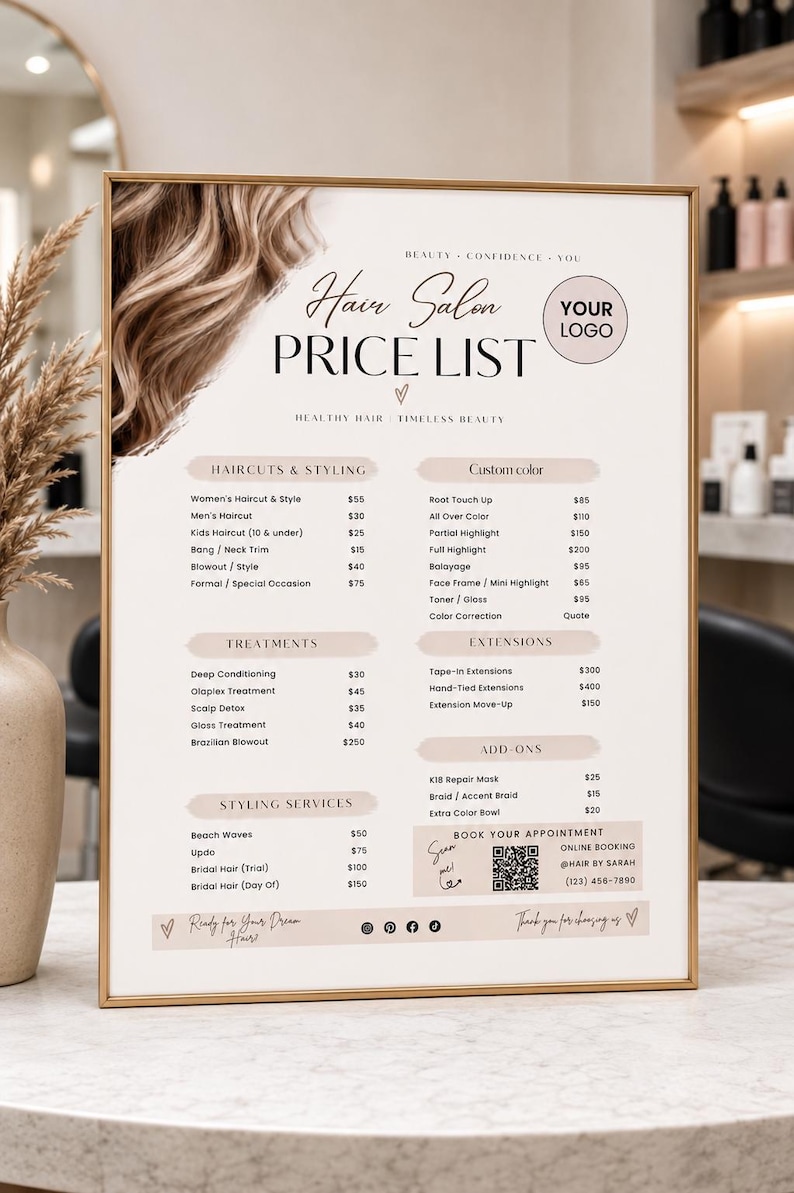 May include: A rectangular hair salon price list sign in a gold frame. The sign features a beige background with brown text, a hair graphic, and a QR code. It lists services including haircuts, styling, custom color, treatments, and extensions.