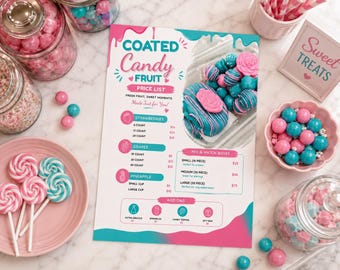 Coated Candy Fruit Price List Template Bundle, Candy Fruit Menu 8.5x11, Instagram Menu, Mobile Price List, Social Media Post, Canva Editable