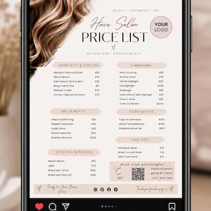 May include: A smartphone displaying an Instagram post of a hair salon price list. The digital menu features sections for haircuts, styling, treatments, extensions, and add-ons, with a QR code for online booking and contact information included.