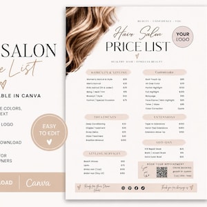 May include: A digital hair salon price list template featuring a beige and white color scheme with brown hair imagery. The document includes sections for haircuts, styling, treatments, extensions, and add-ons, with text stating 8.5x11 inches.