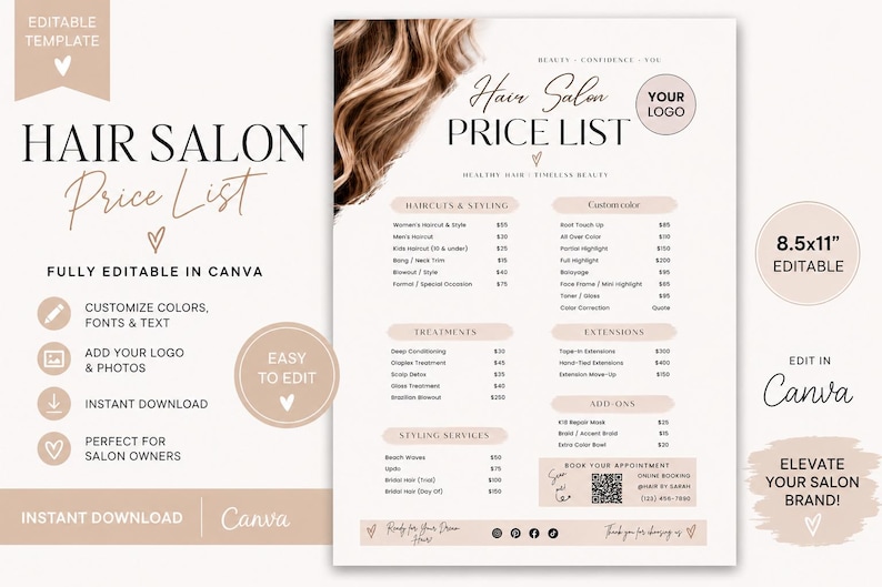 May include: A digital hair salon price list template featuring a beige and white color scheme with brown hair imagery. The document includes sections for haircuts, styling, treatments, extensions, and add-ons, with text stating 8.5x11 inches.