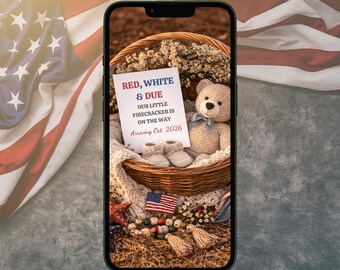 Red White Due Pregnancy Announcement Template Fourth July Baby Reveal Editable Canva Mobile Invite Patriotic Firecracker Coming Soon