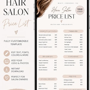 May include: A digital hair salon price list template displayed on a smartphone screen. The design features a beige and white color scheme with brown text, including sections for haircuts, styling, treatments, extensions, and add-ons, plus a QR code.
