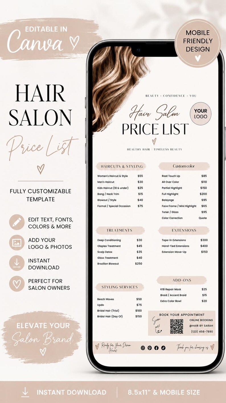 May include: A digital hair salon price list template displayed on a smartphone screen. The design features a beige and white color scheme with brown text, including sections for haircuts, styling, treatments, extensions, and add-ons, plus a QR code.