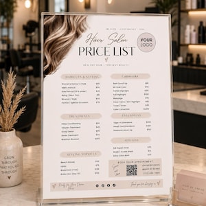 May include: A clear acrylic sign displaying a hair salon price list with sections for haircuts, styling, treatments, custom color, extensions, and add-ons. The design features a brown hair graphic, a QR code, and the text Hair Salon Price List.