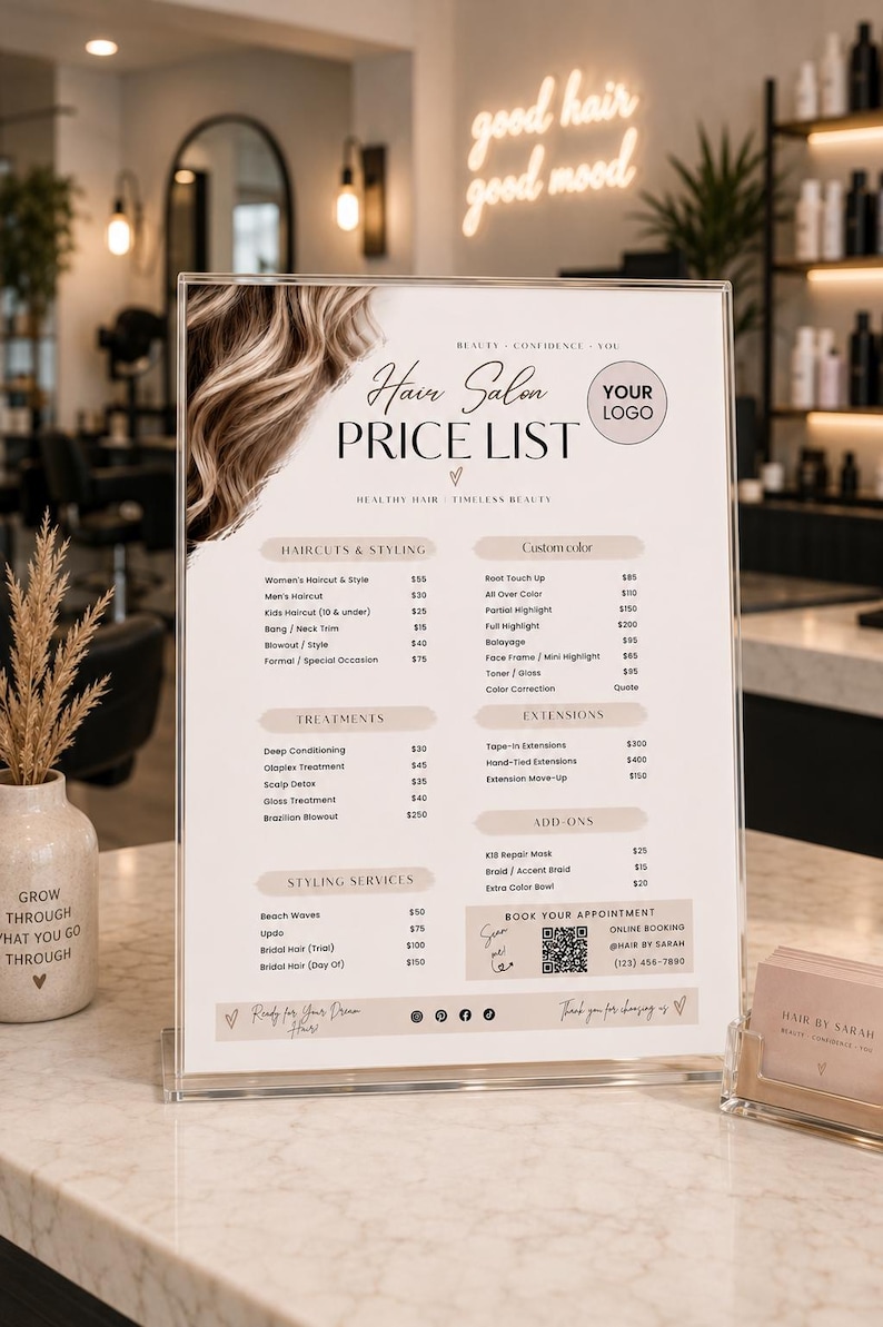 May include: A clear acrylic sign displaying a hair salon price list with sections for haircuts, styling, treatments, custom color, extensions, and add-ons. The design features a brown hair graphic, a QR code, and the text Hair Salon Price List.