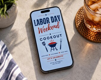 Labor Day Weekend Cookout Invitation Template, Editable BBQ Party Invite, Labor Day BBQ Digital Invitation, Canva Mobile Invite
