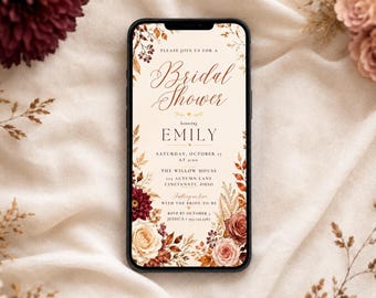 Bridal Shower Invitation Template Fall Bridal Shower Editable Canva Mobile Invite Autumn Floral Bridal Shower Digital Invitation