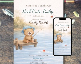 Baby Shower Invitation Fishing Theme Bear Dock Editable Canva Template Animated Mobile Story Digital Download