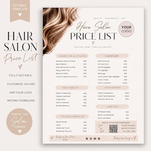 May include: An editable hair salon price list template featuring a beige background, a photograph of wavy brown hair in the top left corner, and black text detailing various salon services, pricing, and a QR code for online booking appointments.