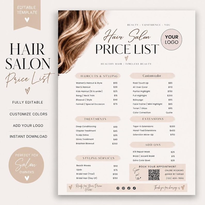 May include: An editable hair salon price list template featuring a beige background, a photograph of wavy brown hair in the top left corner, and black text detailing various salon services, pricing, and a QR code for online booking appointments.