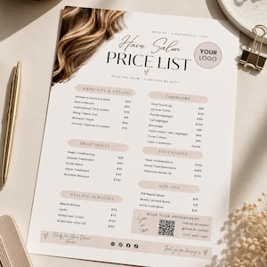May include: A white hair salon price list template featuring a brown hair graphic, black text, and sections for haircuts, styling, custom color, treatments, extensions, and add-ons. Includes a QR code, contact details, and a placeholder for a logo.