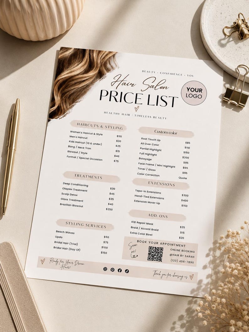 May include: A white hair salon price list template featuring a brown hair graphic, black text, and sections for haircuts, styling, custom color, treatments, extensions, and add-ons. Includes a QR code, contact details, and a placeholder for a logo.