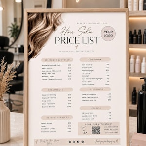 May include: A framed hair salon price list sign with a light wood border. The document features a header with the text Hair Salon PRICE LIST, sections for haircuts, styling, treatments, extensions, and add-ons, and a QR code for online booking.