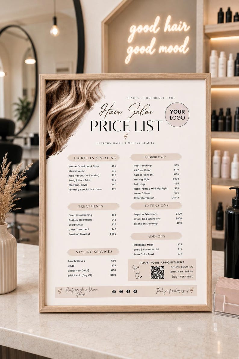 May include: A framed hair salon price list sign with a light wood border. The document features a header with the text Hair Salon PRICE LIST, sections for haircuts, styling, treatments, extensions, and add-ons, and a QR code for online booking.