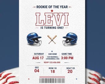 Rookie Year Baseball Birthday Invitation Ticket Editable Template Sports Party Invite First Boy One Digital Download 5x7 Story