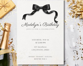 Coquette bow Party Invite, Elegant Minimal Event Design, Editable Canva Layout, Modern Celebration Card, Instant Digital Download