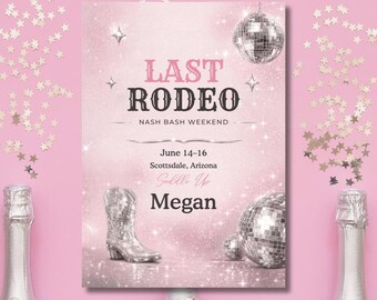 Last Rodeo Bachelorette Invitation Pink Disco Cowgirl Party Template Editable Canva Nashville Weekend Scottsdale Girls Trip
